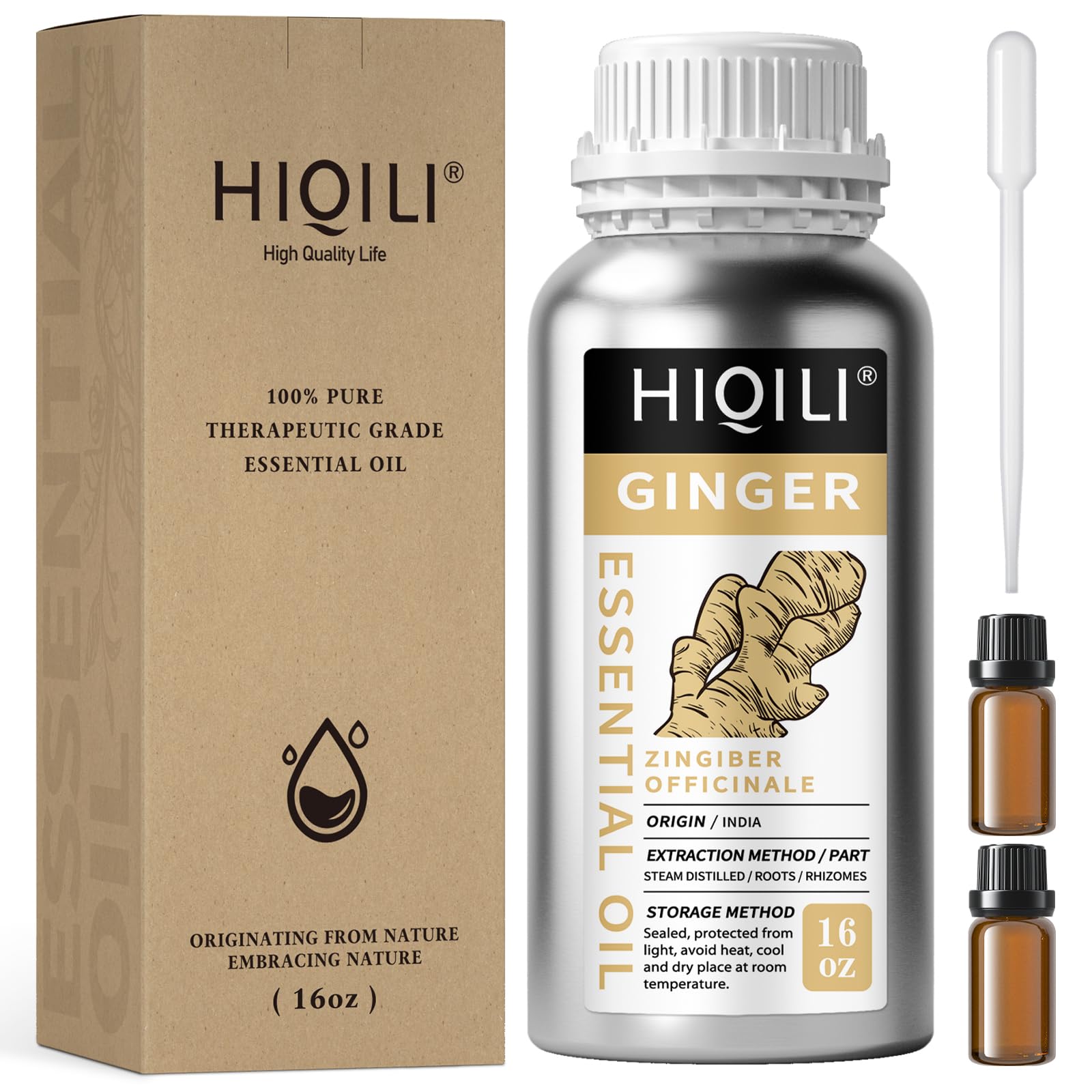 HIQILI 16 Fl Oz Ginger Oil, 100% Pure Natural Ginger Essential Oil for Hair, Massage, Skin - 500ML
