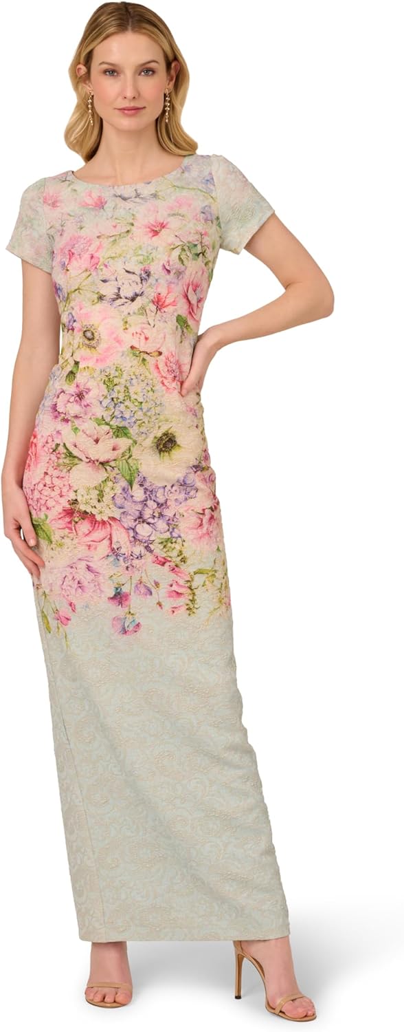 Adrianna Papell Womens Matelasse Floral Column Gown