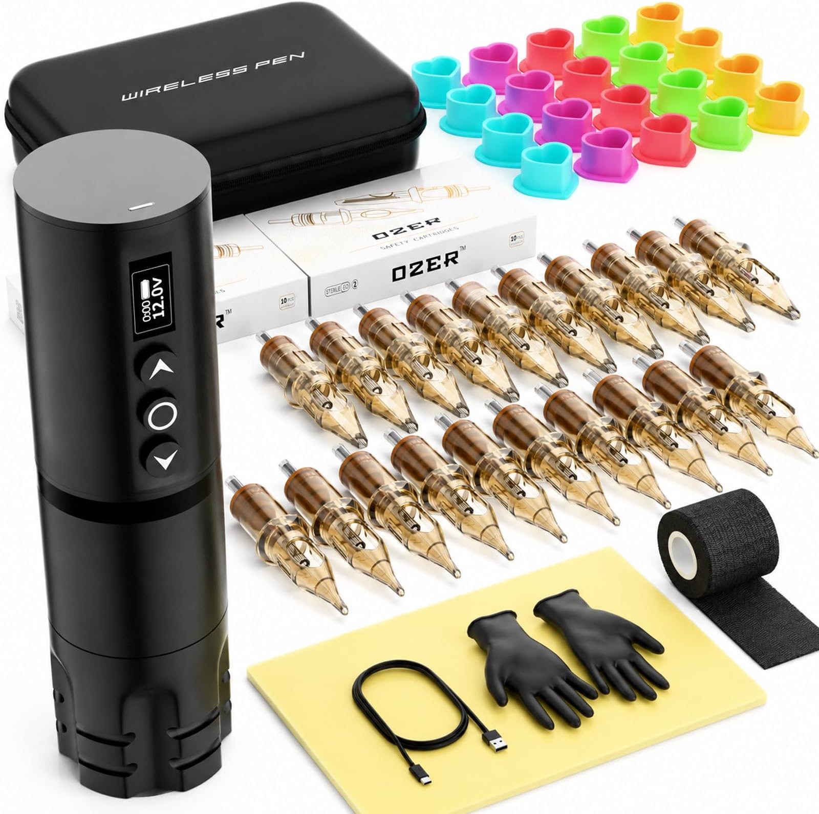 Tattoo Pen Machine Kit, 20 Cartridges & 7 Practice Inks๏ผblack๏ผ | Made of aluminum alloy, this professional tattoo pen set is suitable for both tattoo enthusiasts and tattoo artists
