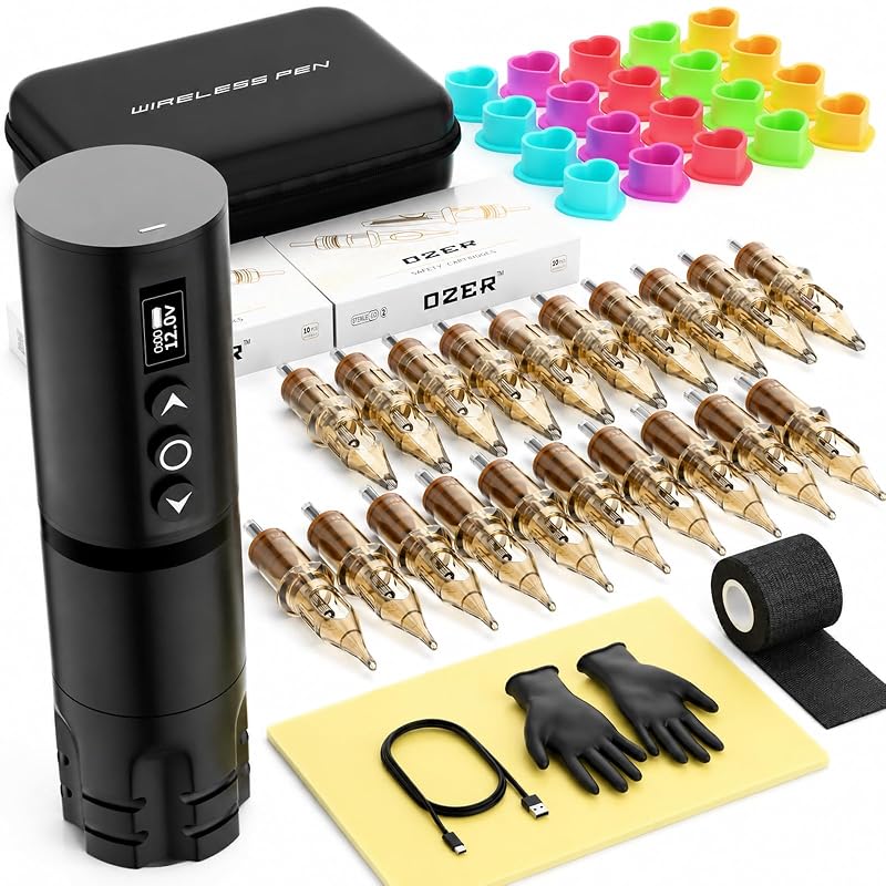 Kit de máquina para tatuagem OZER com caneta sem fio, 20 cartuchos e 7 tintas de prática pretas