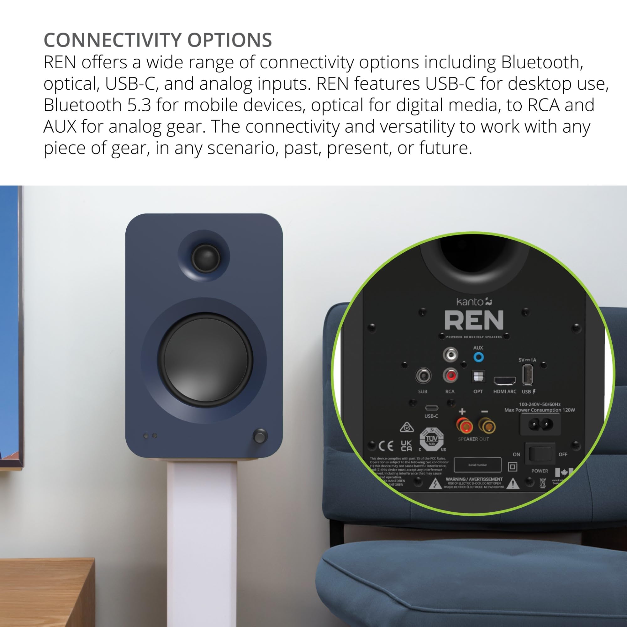 Kanto REN 200W Powered Speaker System with HDMI ARC Input for TV & Home Theater | USB-C and Bluetooth 5.3 | High/Low Pass Filter | Pair | Matte Black
