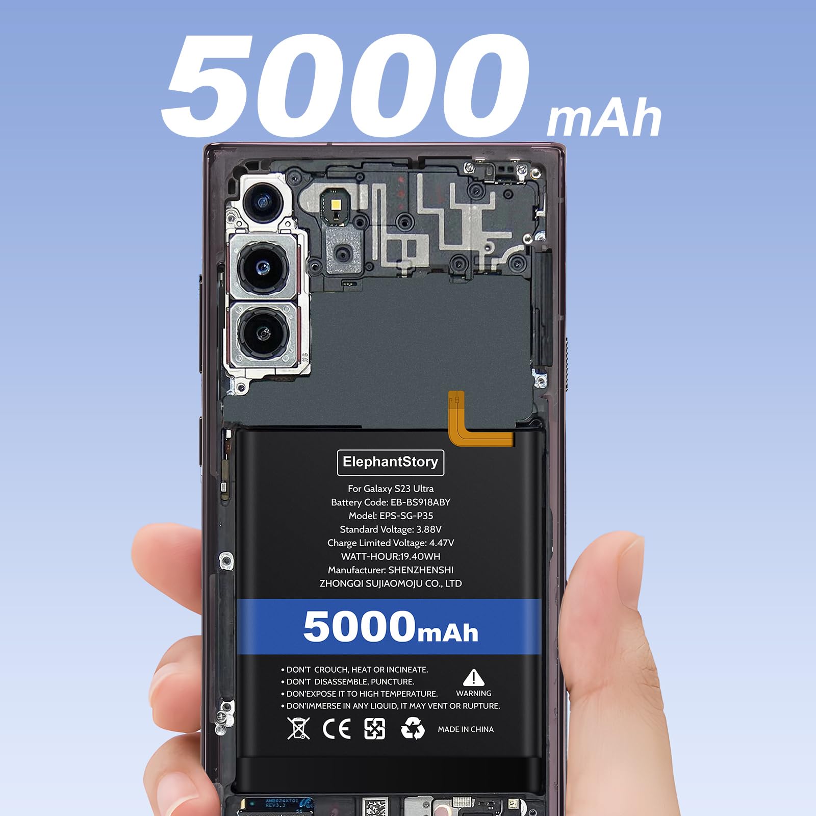 ElephantStory Batería para Samsung Galaxy S23 Ultra SM-S918B, 5000 mAh Código de Bateria EB-BS918ABY Batería de Polímero de Litio de Repuesto con Kit de Reparación