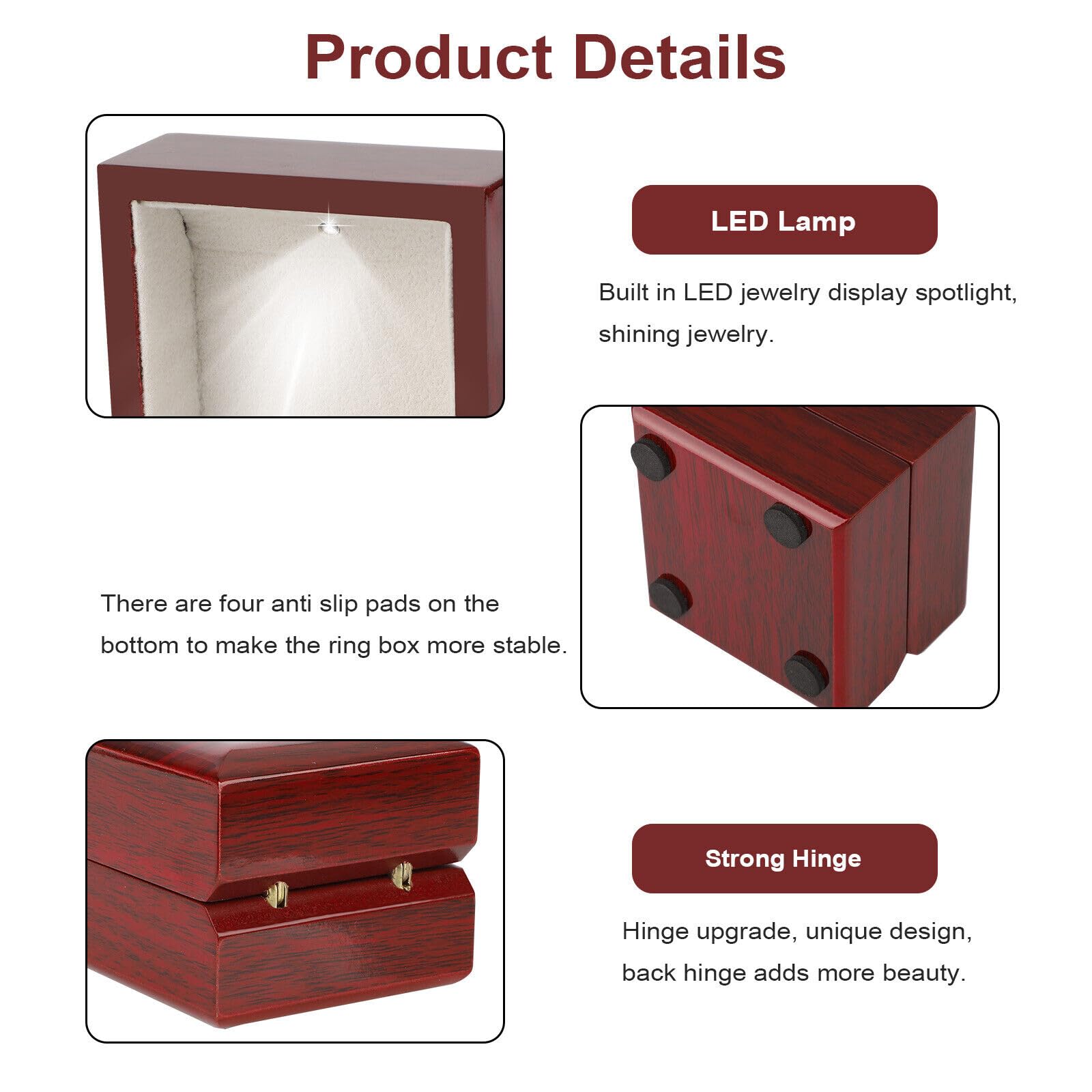 ZEZEFUFU LED Lighted Wooden Ring Box Ring Gift Box Square Wedding Ring Box for Proposal, Engagement