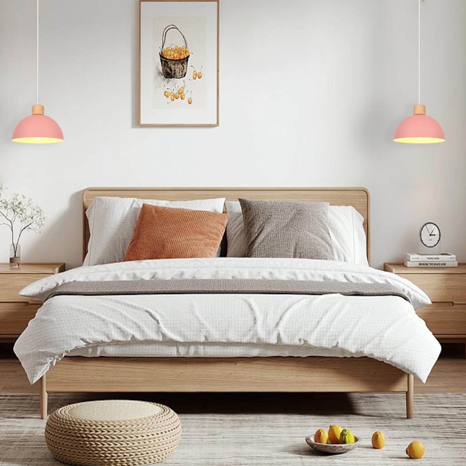 iDEGU 25cm Retro Pendant Light E27 LED Ceiling Light Modern Scandinavian Style Hemisphere Hanging Lampshade Metal Wood Pendant Light Fixture for Bedroom Dining Room Kitchen Restaurant (Pink) - Image 4