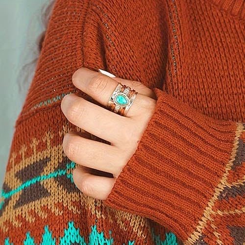 Miniatura 3 de LadayPoa Anillo de turquesa occidental para mujer, joyería vintage retro de plata 925. Anillos de declaración de piedra ovalada azul, anillo bohemio