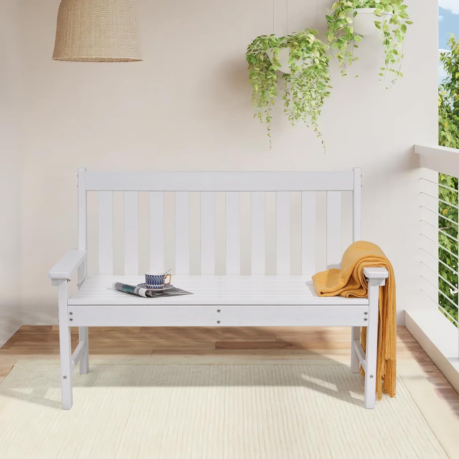 COBANA Outdoor Garden Bench, All Weather HDPE Patio Porch Bench with Faux Wood Grain Pattern, 2-Person Seat for Lawn, Park, Backyard, Entryway, White