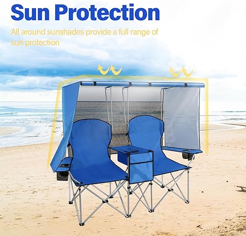 Miniatura 5 de PLKO Silla de camping doble portátil con pantalla de toldo, sillas de playa resistentes para adultos, silla de playa plegable con bolsa enfriadora