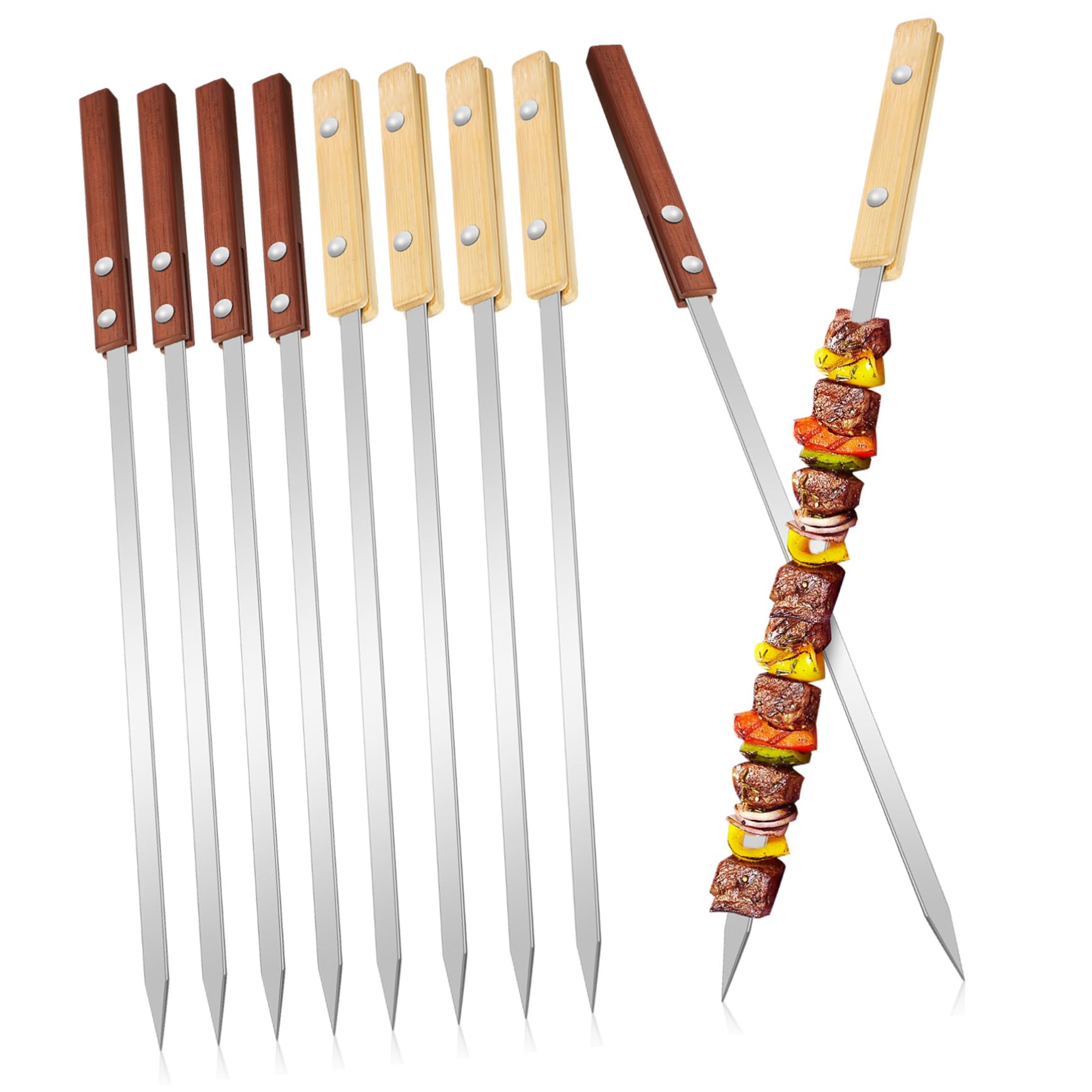 12 Spiedini Barbecue in Acciaio Inox con Manico in Legno, Antiscivolo, per Fissare Saldamente la Carne, per Grigliate All'aperto e Campeggio