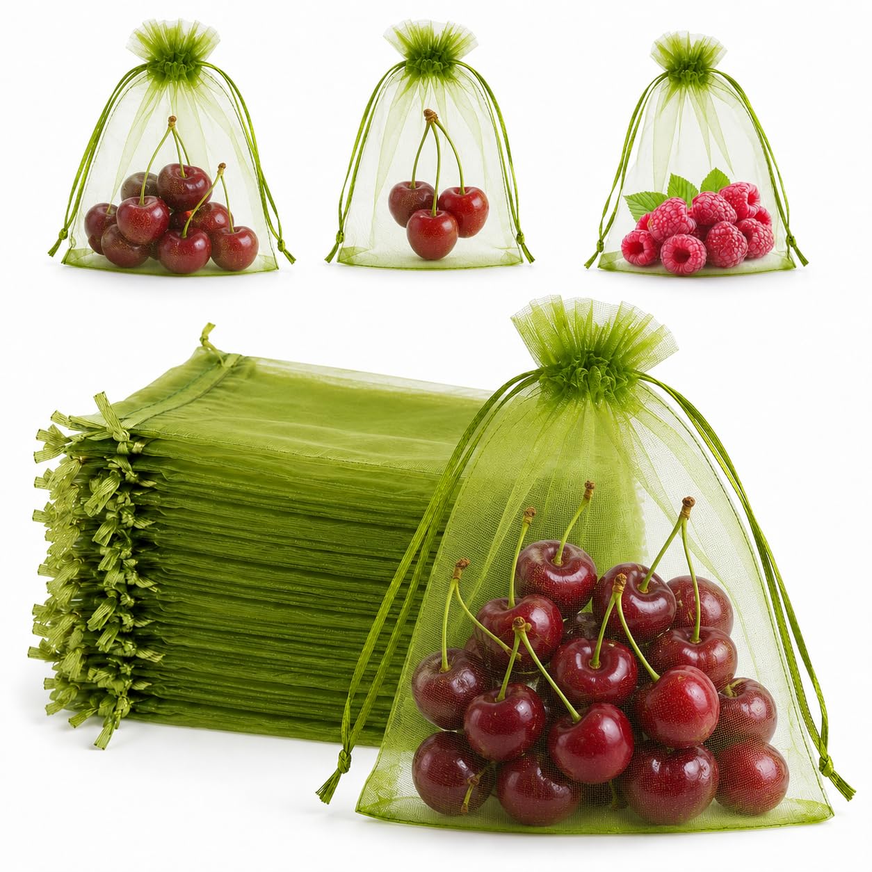 Hopttreely 50PCS Olive Green Organza Bags 4x6 Inch, Multi-Purpose Mesh Drawstring Gift &amp; Fruit Protection Bags for Wedding Favors, Jewelry, Christmas, Sachet, Easter, St. Patrick's Day, Party Supplies, Garden Plant Netting