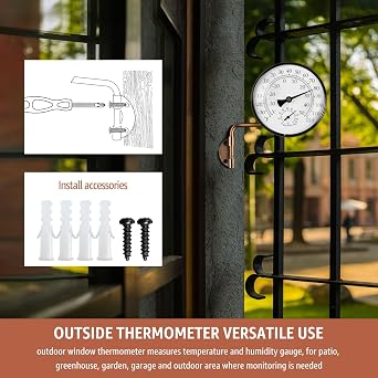 4-Inch Brass Analog Outdoor Thermometer & Humidity Gauge, Vintage Decor, Easy Install, Battery-Free, Window Readable for Patio Garden Garage Greenhouse