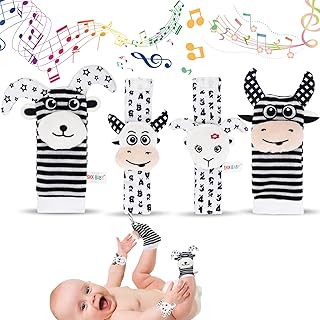 4 Pcs Baby Rattle Socks Wrist Strap Rattles Set, Foot Finders Wrist Rattles for Infants Animal Wrist Rattle Toys Baby Sensory Toys Development Toy for Girls Boys Newborn Baby Gifts