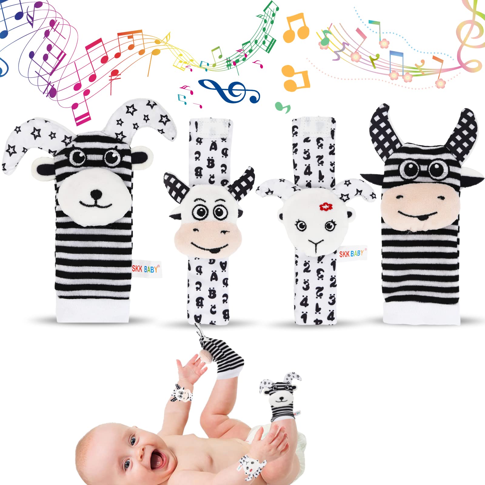 4 Piezas Sonajero Calcetines y Muñequeras para Bebé, Calcetines Buscapiés y Sonajeros de Mano Juguetes de Sonajero para Niños Juguetes de Desarrollo Sensorial