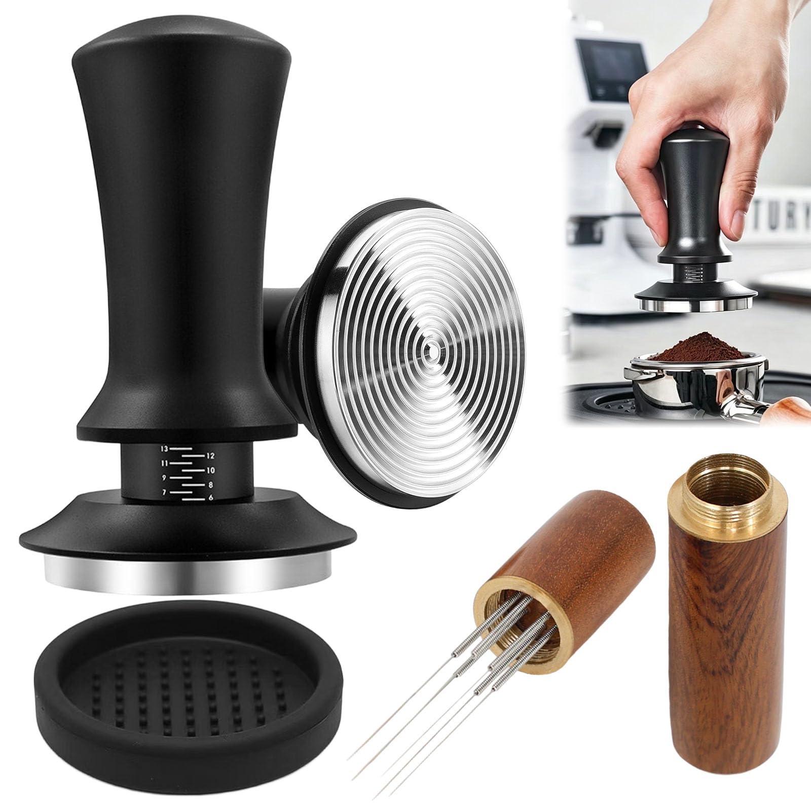 Tamper per Caffè 51 mm con Tappetino e Wdt Tool, Pressino per Caffè Espresso a Molla Pressino per Caffè con Scala Graduata Pressa Caffè Professionale Pressino per Caffe in 304 Acciaio Inox