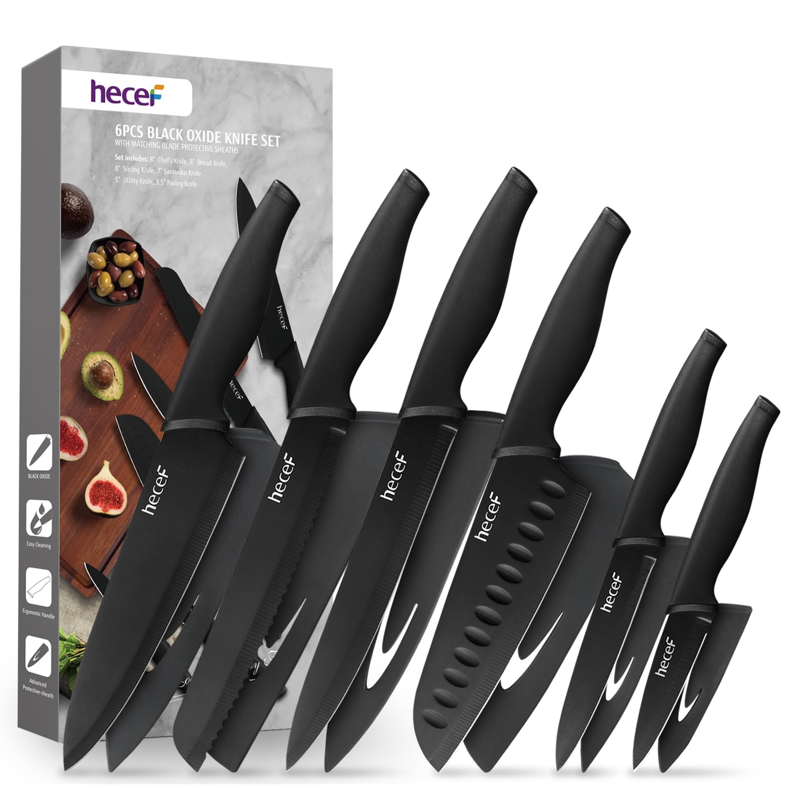 hecef Cuchillos cocina, 6 Piezas Set Cuchillos Cocina Profesional, Juego de Cuchillos de Cocina Acero Inoxidable Negro con Mango Cómodo y Funda de Cuchillo