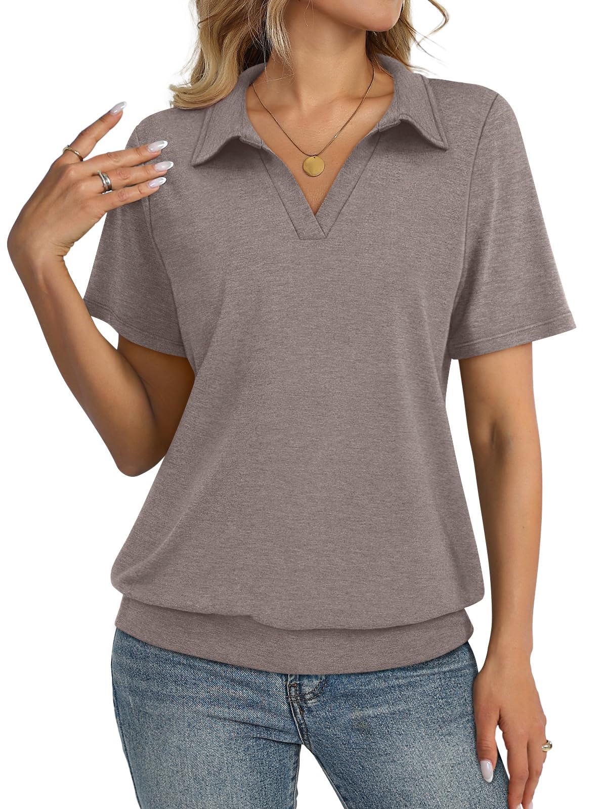 Womens Polo Shirts Short Sleeve Banded Bottom Tops Business Casual Tops Collared V Neck Dressy Blouses