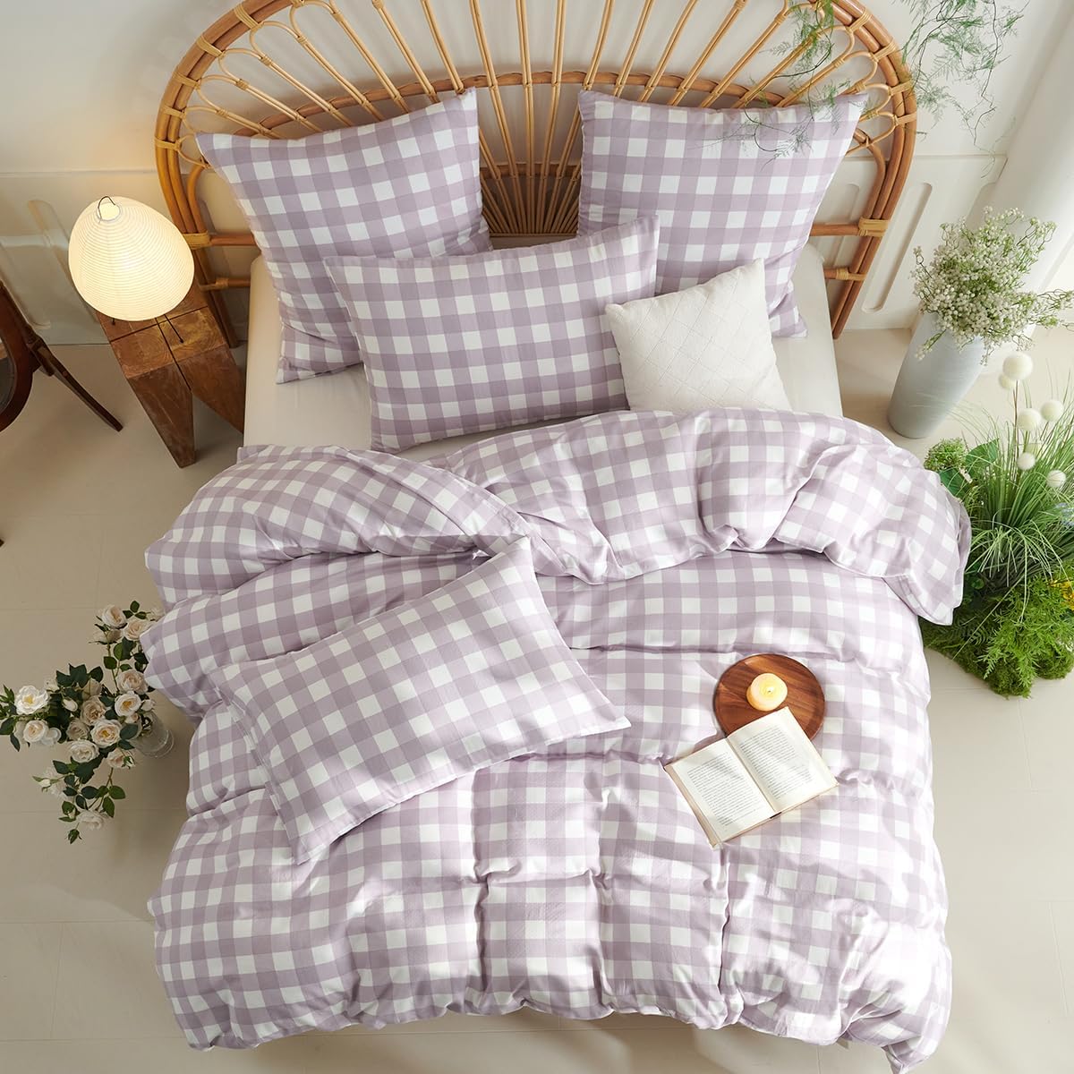 Muslin Duvet Cover King Size - Purple Plaid 100% Washed Cotton Gingham Duvet Cover, Soft Breathable Lightweight Linen Like Gauze Comforter Cover Set with Zipper Closure and 2 Pillowcases