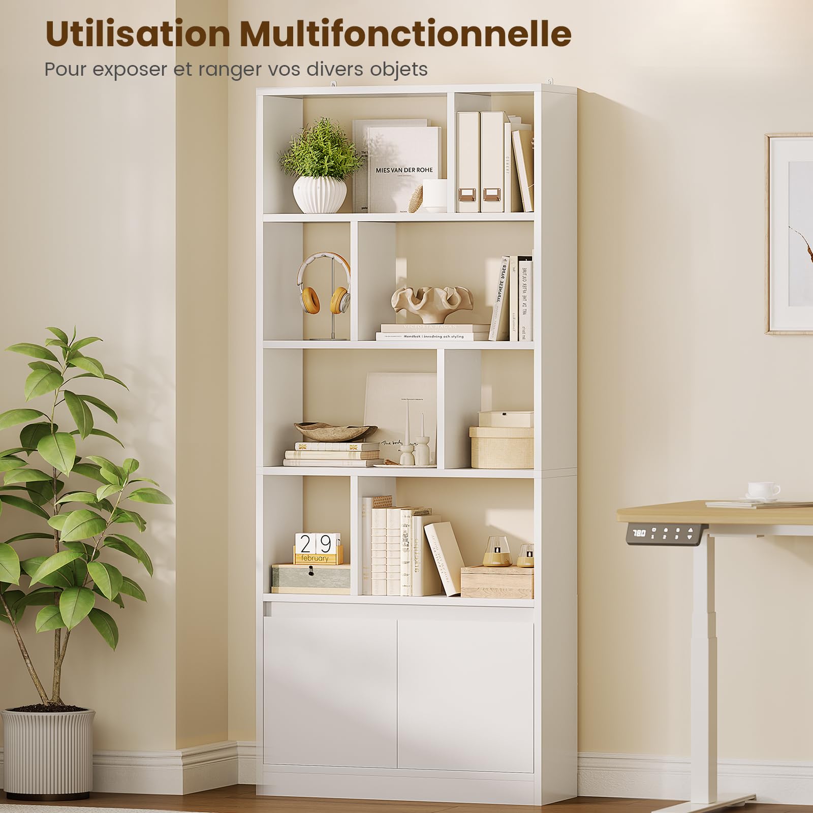 Bibliothèque à 4 Niveaux avec Portes, Présentoir, Meuble de Rangement avec 1 Armoire et 6 Compartiments Ouverts pour Salon, Chambre, Bureau, 24 x 60 x 155 cm, Blanc