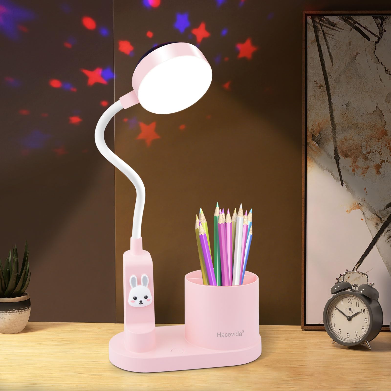 Cute Pink Rabbit Lamp for Kids Reading Study - Star Projector/Pen Holder/3 Brightness/Eye Caring, Rechargeable Led Table Desk Lamp for Home Office Dorm Decor, Ideal Birthday Christmas Gifts