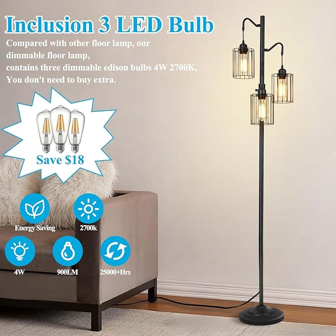 Flarouch Dimmable Floor Lamp, 3 x 800LM LED Edison Bulbs Included, Standing Lamp, Farmhouse Industrial Vintage Corner Tall Tree Floor Lamps for Living Room Bedroom Office, Black photo 3