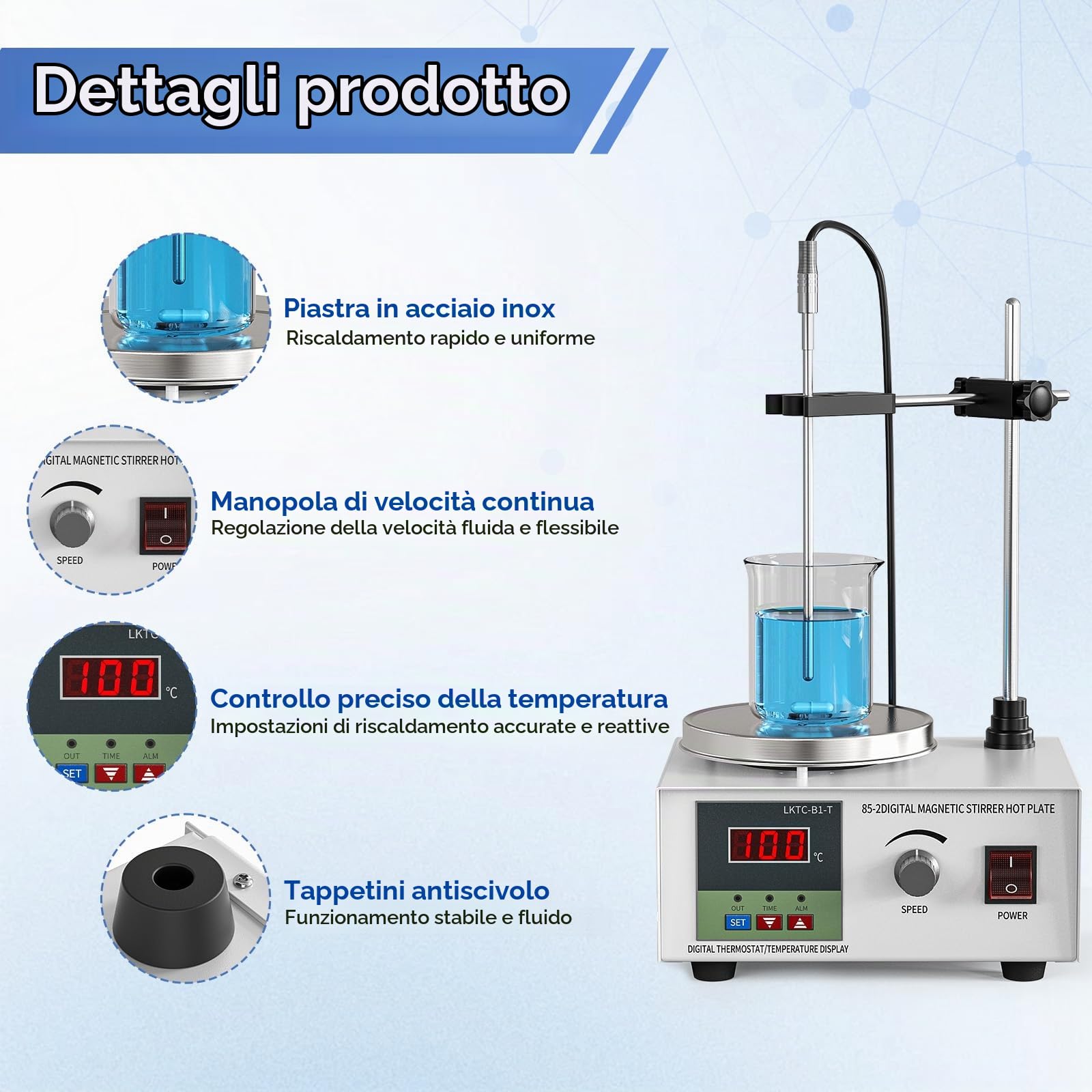 Agitatore magnetico da laboratorio 250W 1000ML con Display Digitale della Temperatura e Regolazione della velocità Miscelatore Magnetico con Piastra riscaldante e Barra agitatrice Magnetica