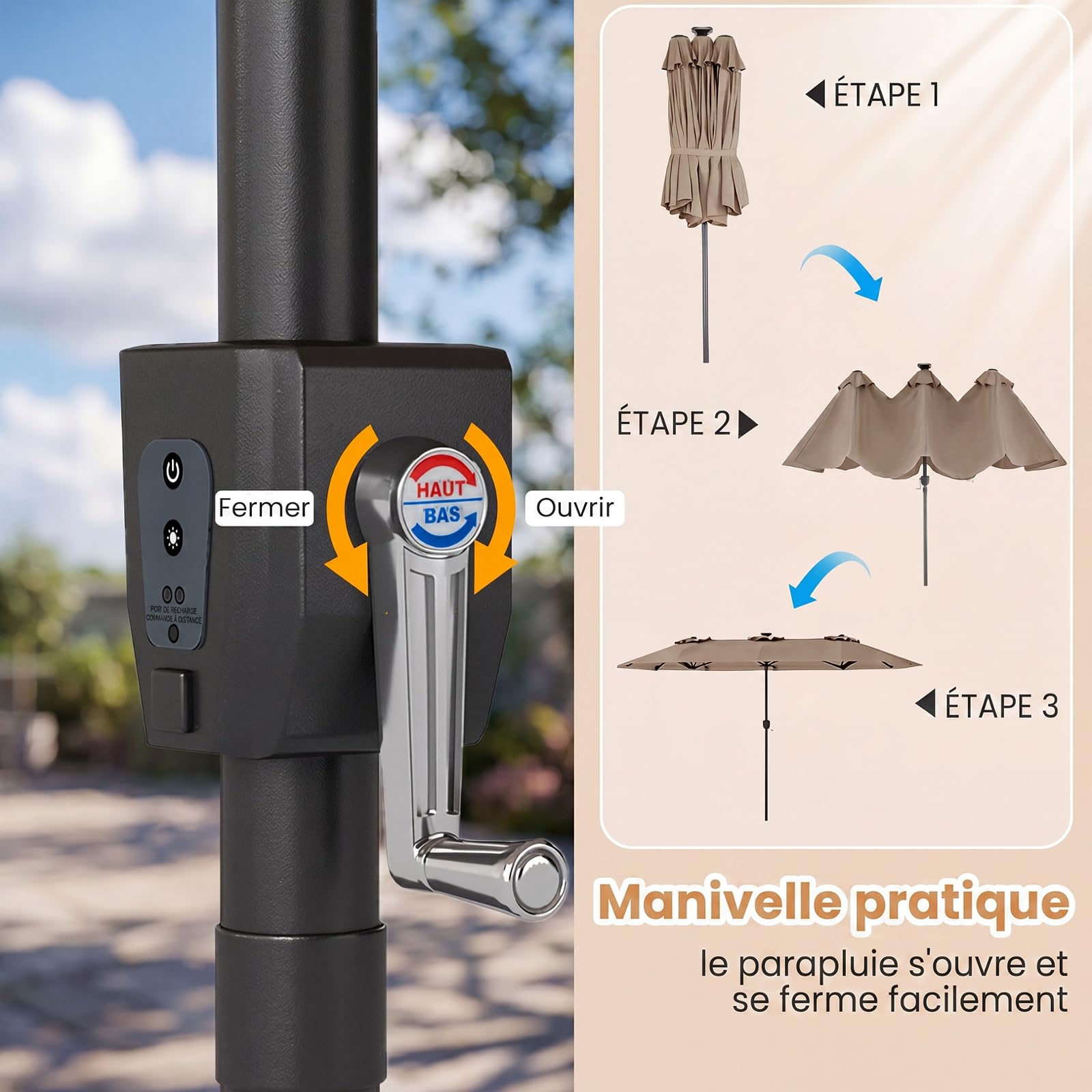 COSTWAY Parasol de Jardin Double 400 x 210 cm, Grand Parasol Rectangulaire avec LED, Manivelle Pratique, Structure à 12 Baleines, Protection Solaire pour Terrasse, Balcon, Camping (Marron)