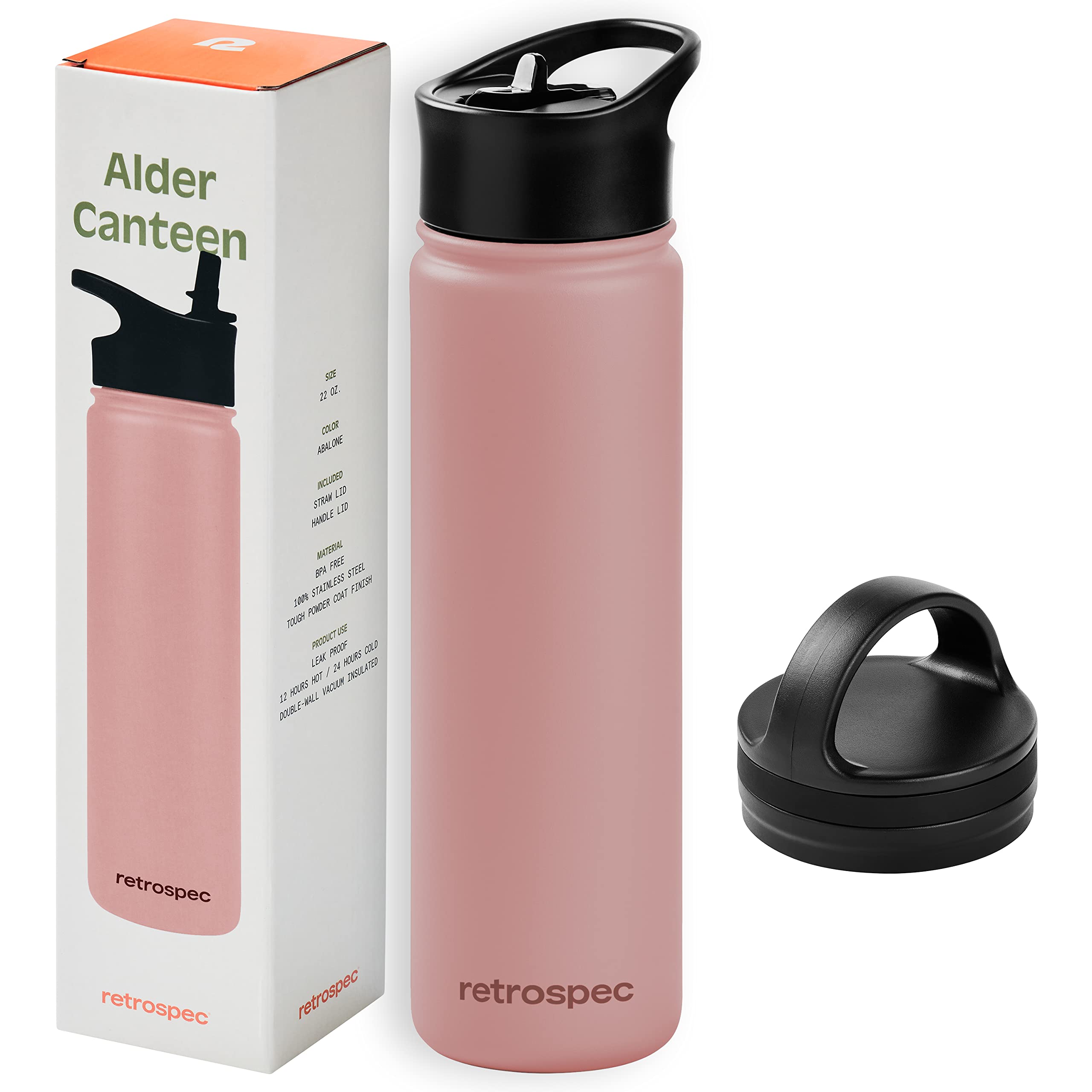 Retrospec Alder Insulated Water Bottle with Straw Lid & Handle Cap - Stainless Steel Wide Mouth Double-Wall Vacuum Insulated Thermos - BPA Free Leakproof Canteen