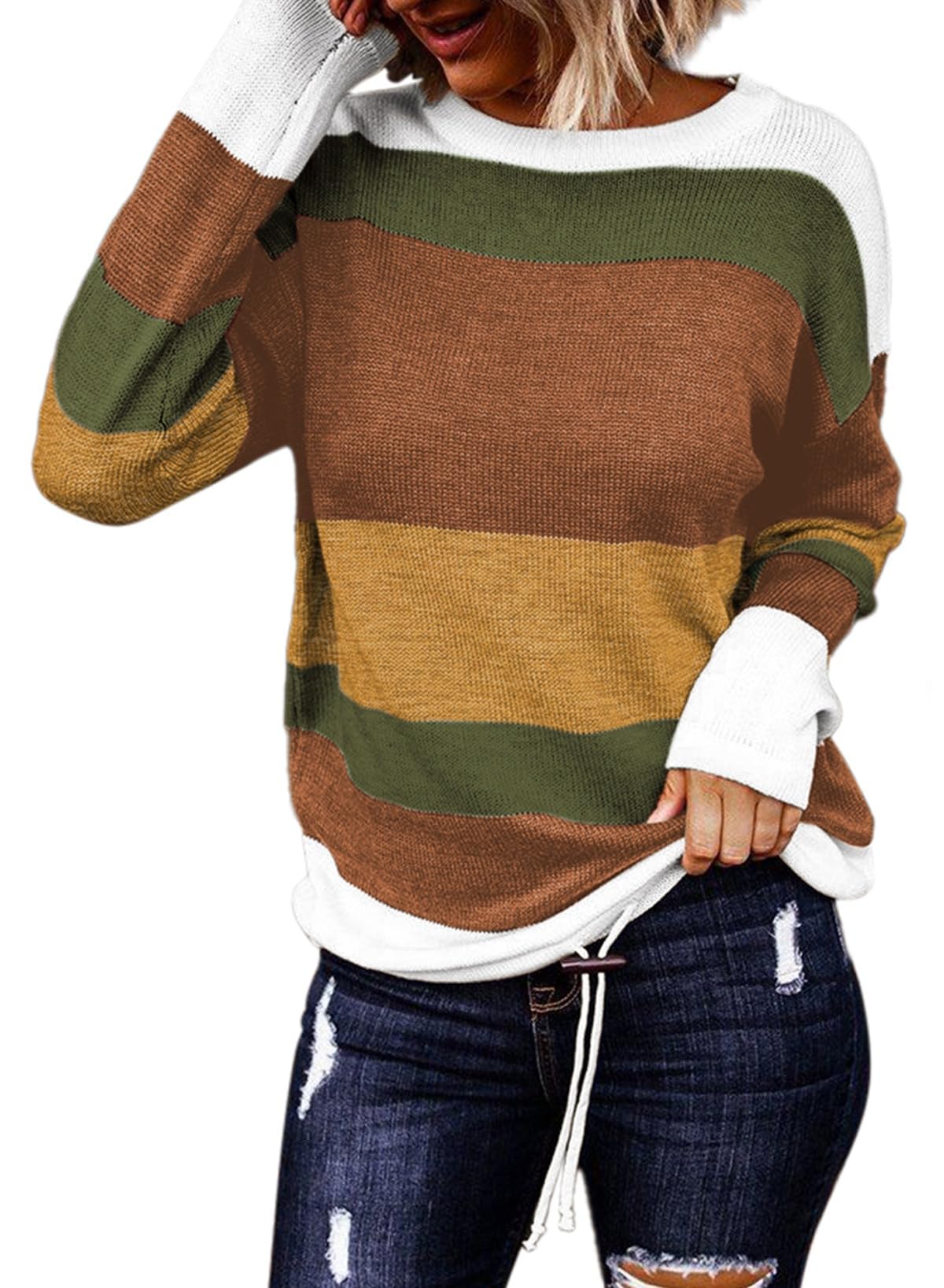 Dokotoo Womens Sweaters Striped Fall Winter Outfits 2025 Crewneck Drawstring Color Block Fashion Clothing