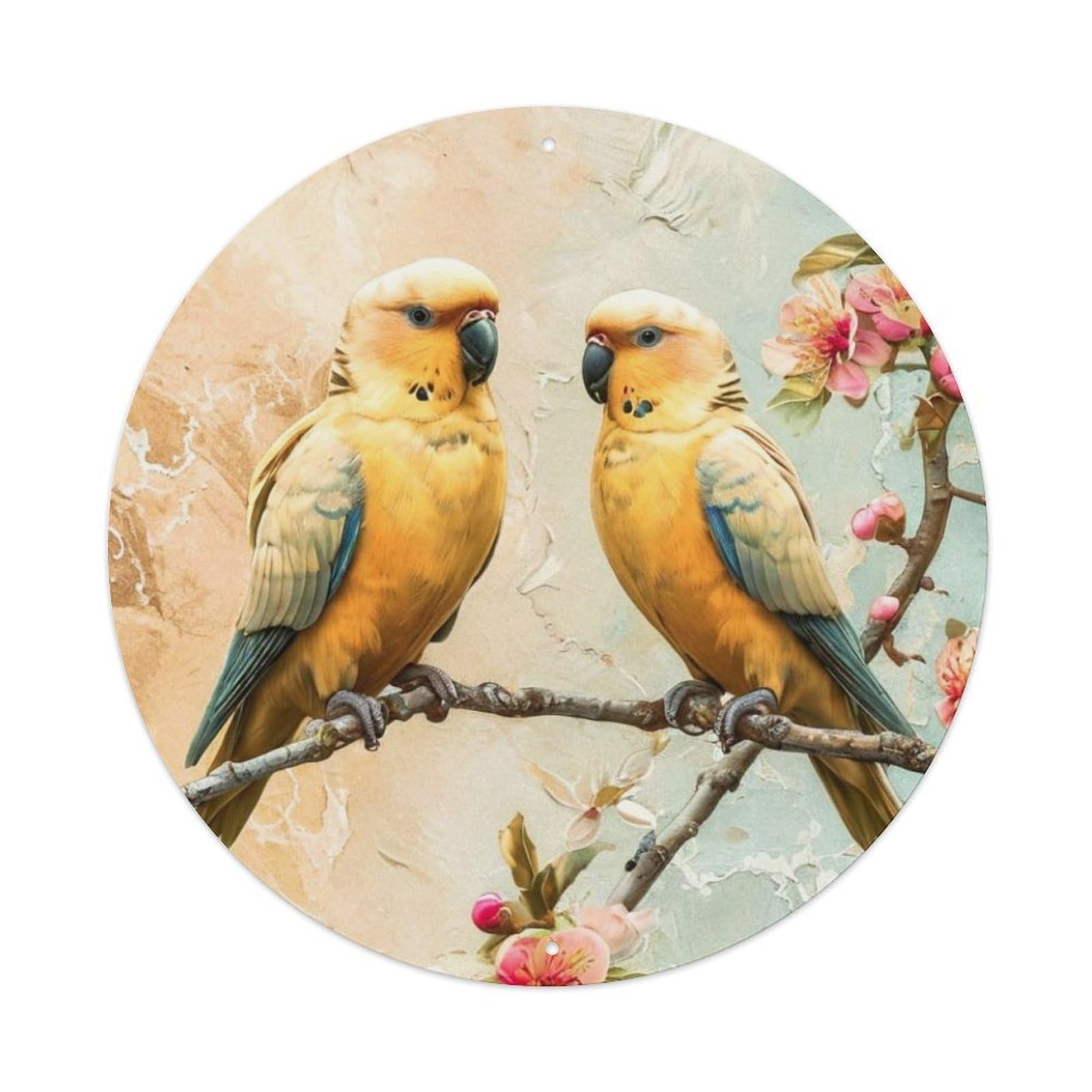 Animal Parrots Peach Blossom Vintage Retro Rustic Vintage Metal Tin Sign Plaque Wall Decor for Cafe, Club Bar, Office, Garden Metal Poster 8x8Inch