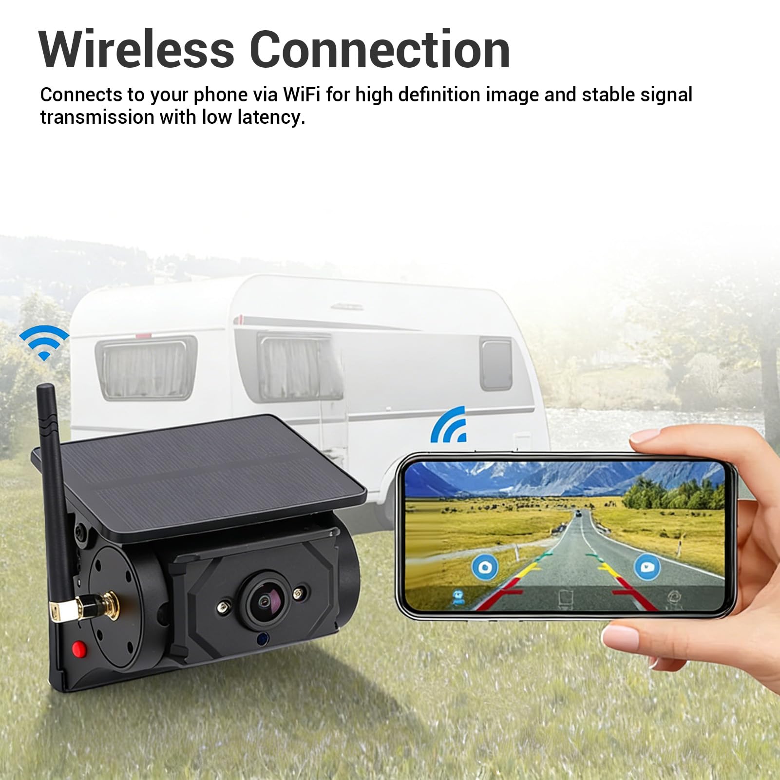 Asixxsix Caméra de Recul WiFi sans Fil à énergie Solaire, 1080P HD Magnétique Rechargeable, Caméra de Surveillance Inversée avec Vision Nocturne pour Remorque à Col de Cygne