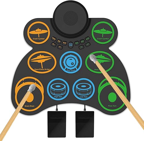 Electric Drum Set, Electronic Drum Practice Pad - with Speaker & Battery, Support DTX Gaming. Roll-Up E Drum Kit for Kids and Adults
