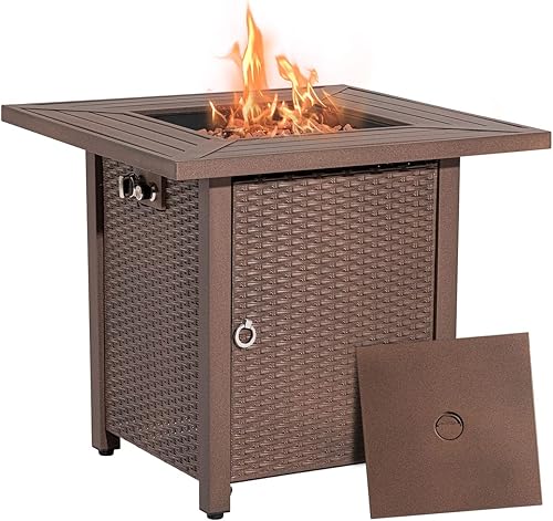 COSIEST Mesa de fuego al aire libre, 28 pulgadas marrón cuadrado compañero al aire libre, 40,000 BTU, base de mimbre de imitación, tanque de propano