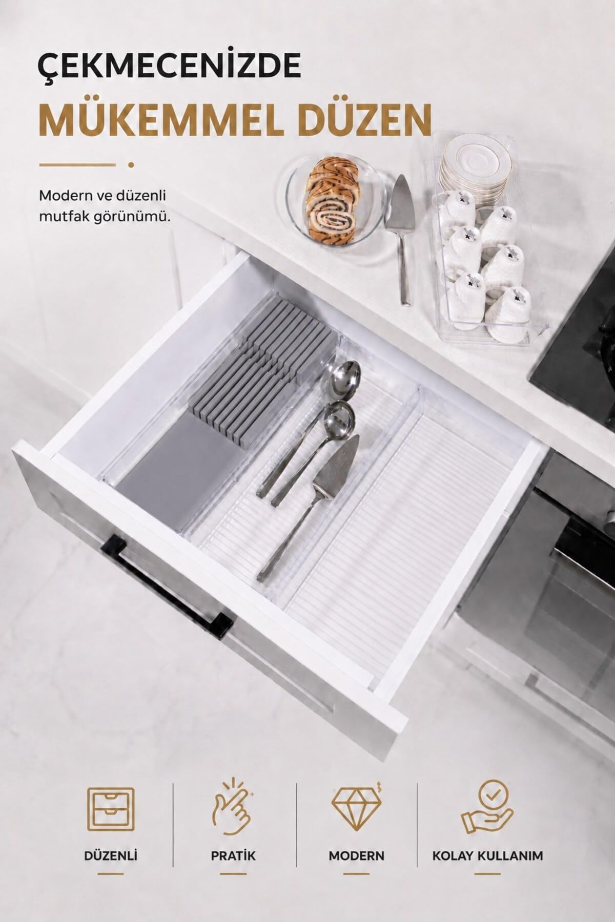 Sas Haus Çekmece İçi Bıçaklık Organizer Bölmeli Mutfak Düzenleyici Gri S-11029