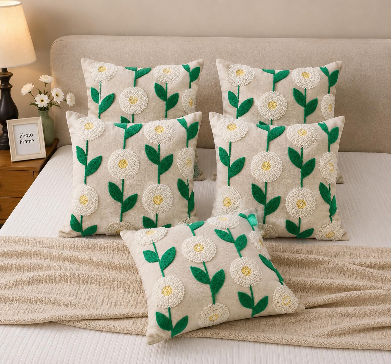 Amazing Embroidered Cushion Cover Set of 5 | 16x16 Inch Decorative Throw Pillow Covers | Tufted White Floral Design with Green Leaves | Soft Cotton Cushion Covers-image-41