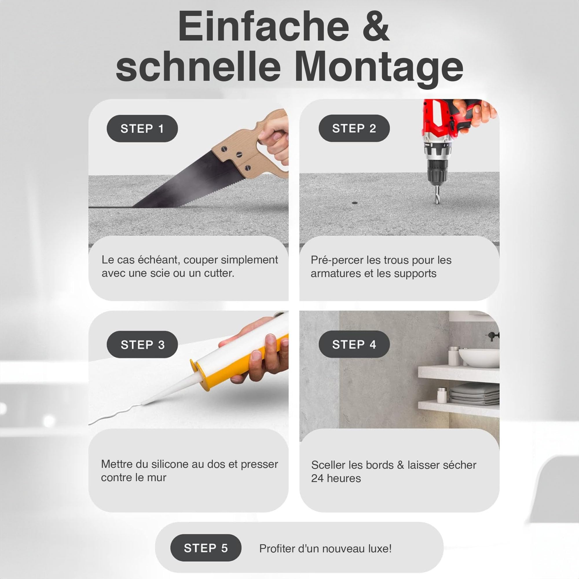 WALLando Panneau mural de douche (Gris clair / 250 x 100 cm) – Panneau en PVC facile à installer & résistant à l'humidité – Revêtement mural premium – Fabriqué en Allemagne