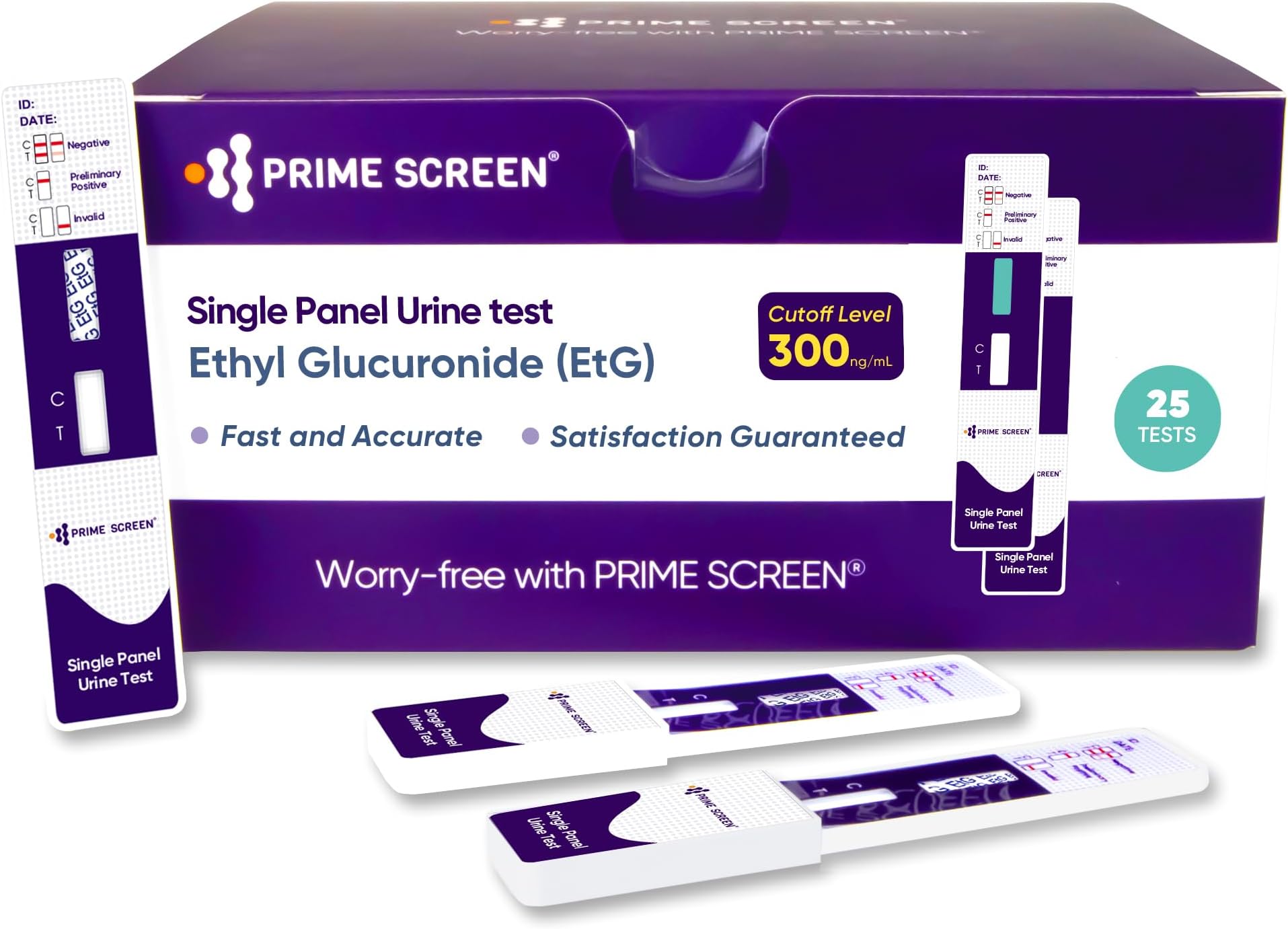 Prime Screen [25 Pack] EtG Alcohol Urine Test - at Home Rapid Testing Dip Card Kit - 80 Hour Low Cut-Off 300 ng/mL - WETG-114
