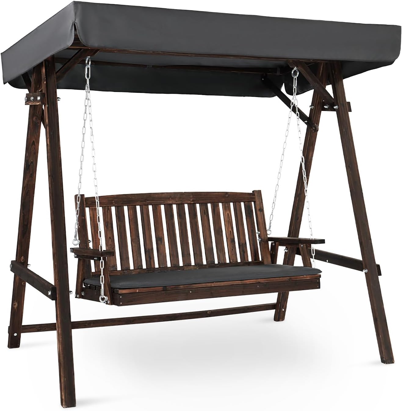 VINGLI Porch Swing with Stand, Wooden Swing & Stand with Canopy, Hanging Swing Chair with Stand for Garden, Patio and Yard (Brown)