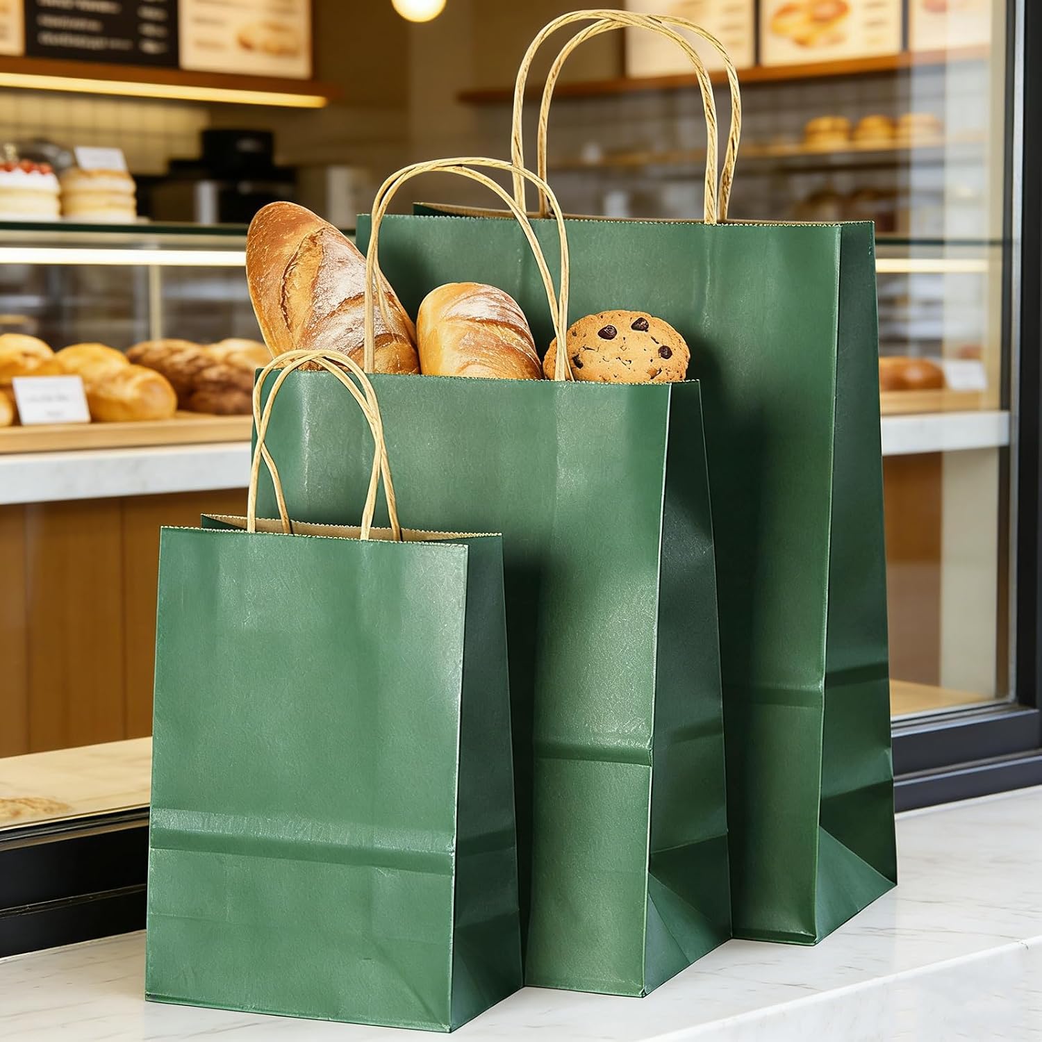 apott Green Kraft Paper Bags with Handles 36Pcs Gift Bags Recyclable for DIY Wedding Birthday Party Takeouts Retail Grocery, 3 Assorted Sizes