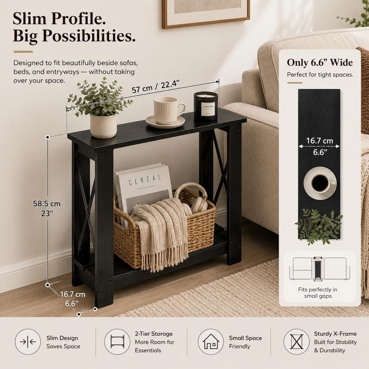 Narrow Side Table, 6.6" Ultra Slim End Table, 2 Tier Storage, Black