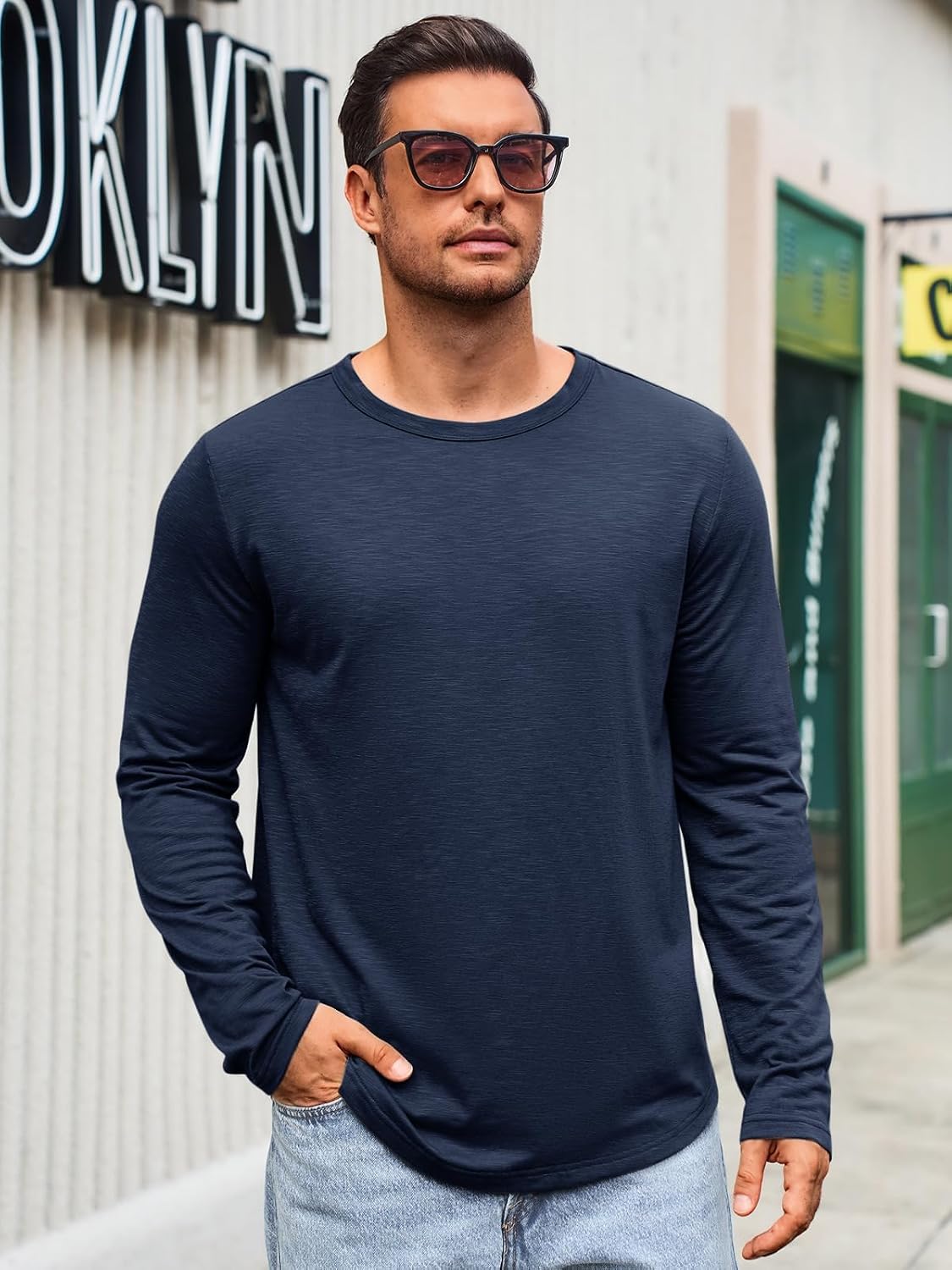 Runcati Men's Long-Sleeved Crew Neck T-Shirt Sports Tops 3XL Darkblue
