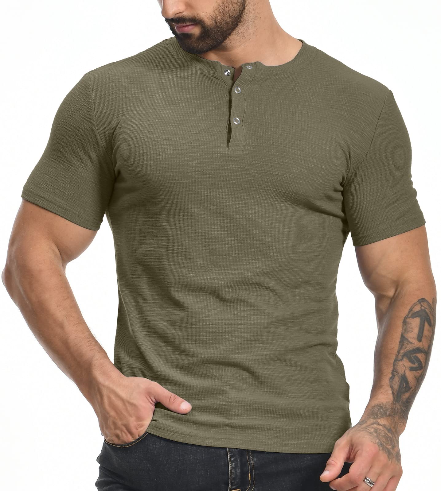 YTD Mens Muscle T Shirts Stretch Short Sleeve Workout Tee Casual Slim Fit Henley Shirt
