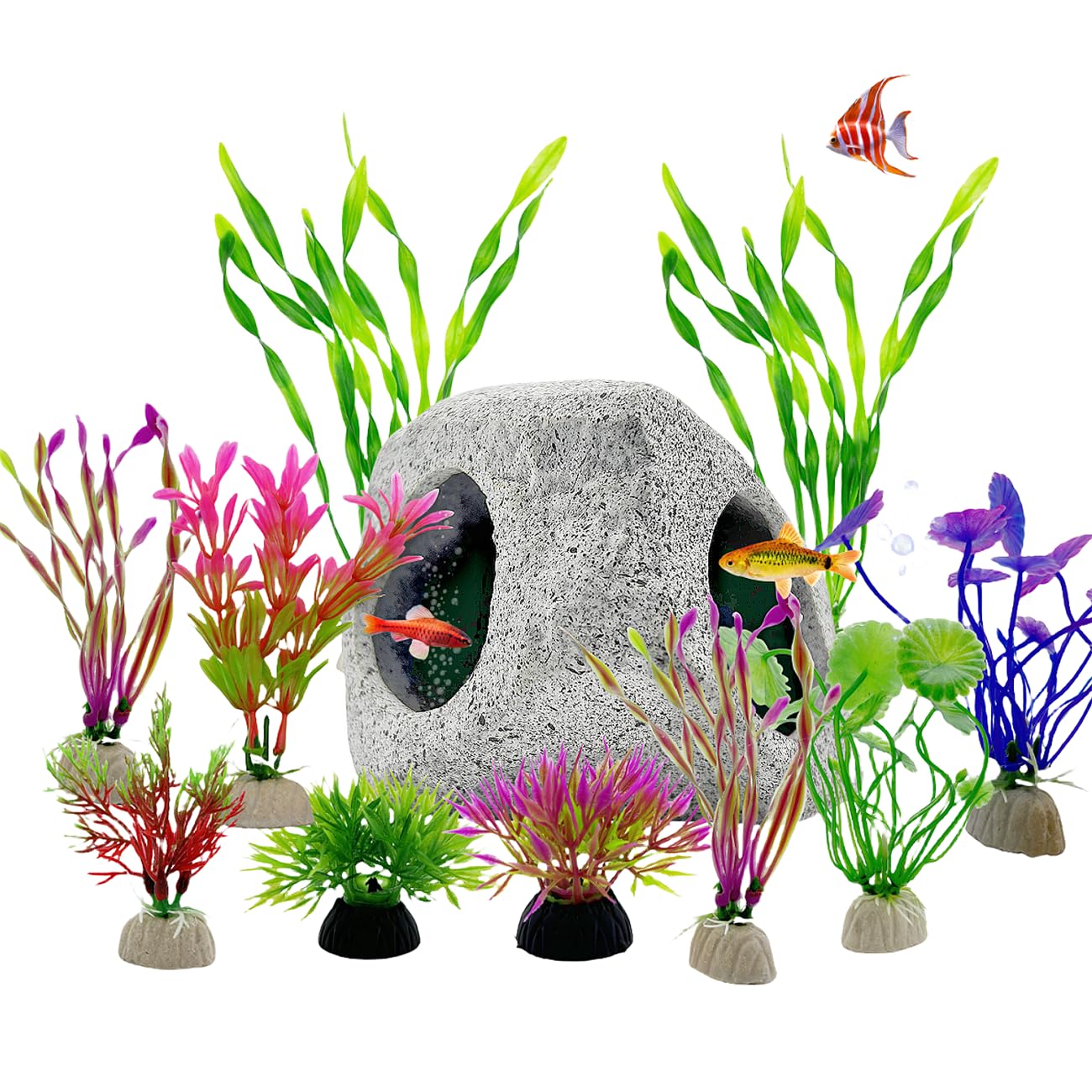 Aquarium Fish Hideaway Rock Cave with 10 Artificial Water Grass, Fish Tank Fish Hide Cave Decorations for Betta Shrimp Cichlids Guppy Crab Zebra Fish and More