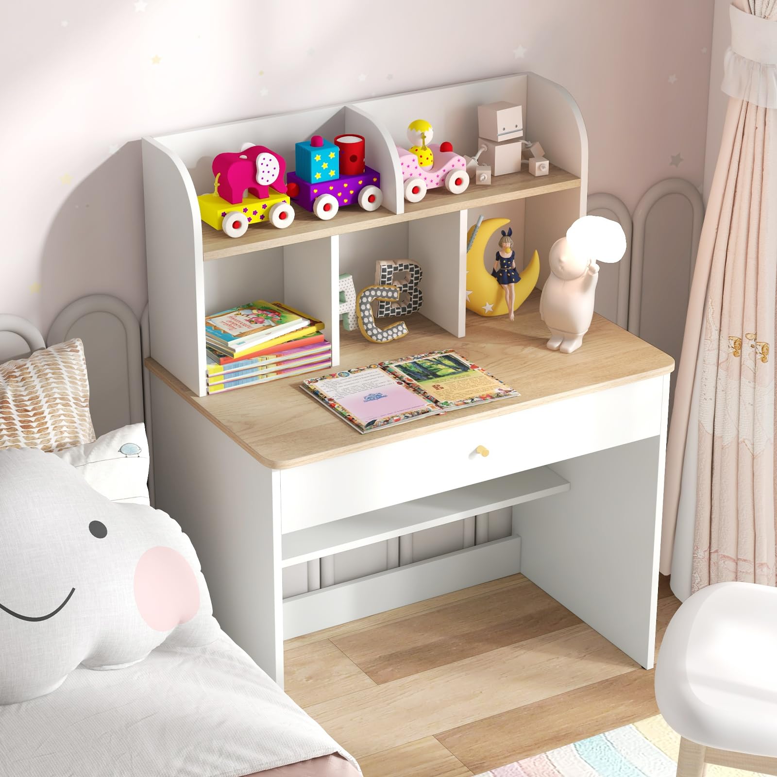 LIFEZEAL Bureau Enfant avec Rangement, Table d'étude en Bois Blanc, Grand Tiroir, pour Garçon Fille 3+ Ans