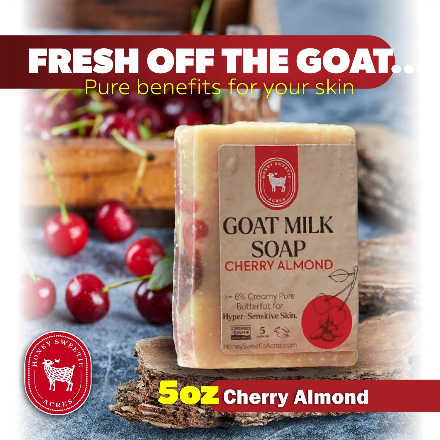 Honey Sweetie Acres Cherry Almond Goat Milk Soap - Handmade 5 oz Bar, Made with Natural Ingredients, Moisturizing & Gentle, Made in the USA