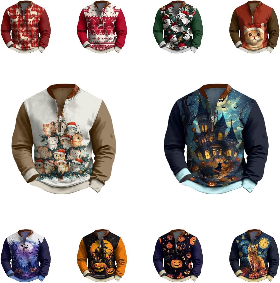 Halloween Hoodies Men Funny Print Half Zip Pullover Long Sleeve Crewneck Big And Ta... - Image 4