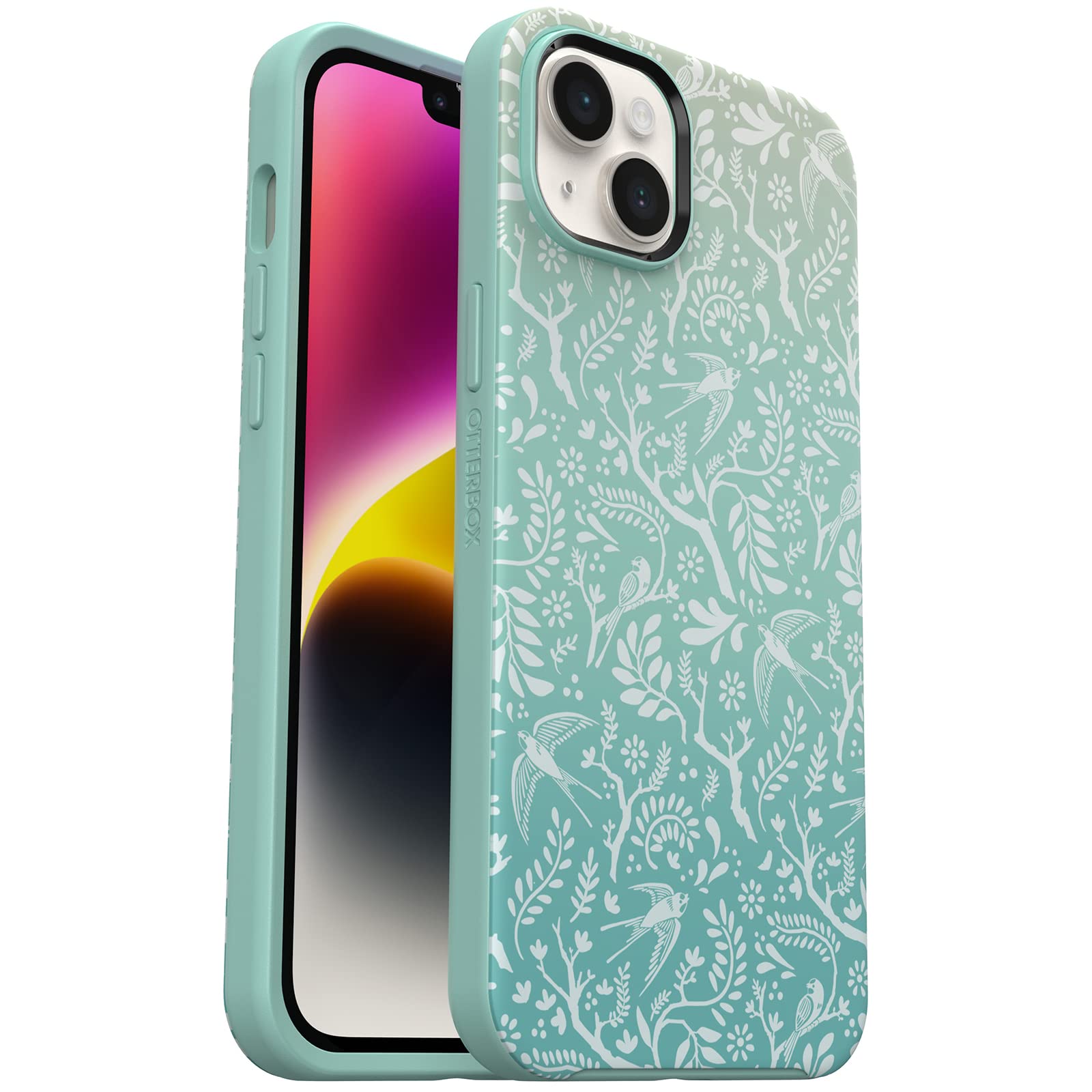 OtterboxSymmetry+ Case for iPhone 14 Plus with MagSafe, Shockproof, Drop proof, Protective Thin Case, 3x Tested to Military Standard, Antimicrobial Protection, Feathers/Ferns