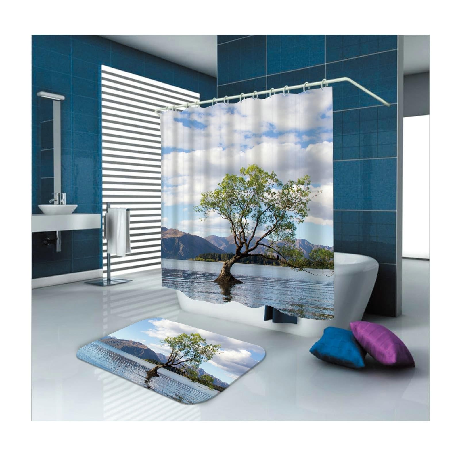 Duschvorhang 180x180 cm Textil Grün Weiß, Blau Himmel und Baum Muster Badvorhang Polyester Anti-Schimmel Schnell Trocknend 1,8 x 1,8m Lang(BxH) mit Duschvorhangringen