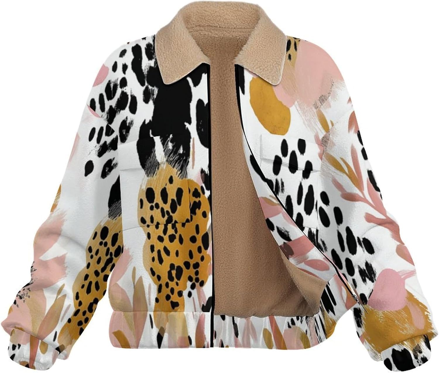 Women's Full Zip Soft Polar Fleece Jacket, Leopard print Printed Outdoor Coat, Long Sleeve Comfortable Outerwear