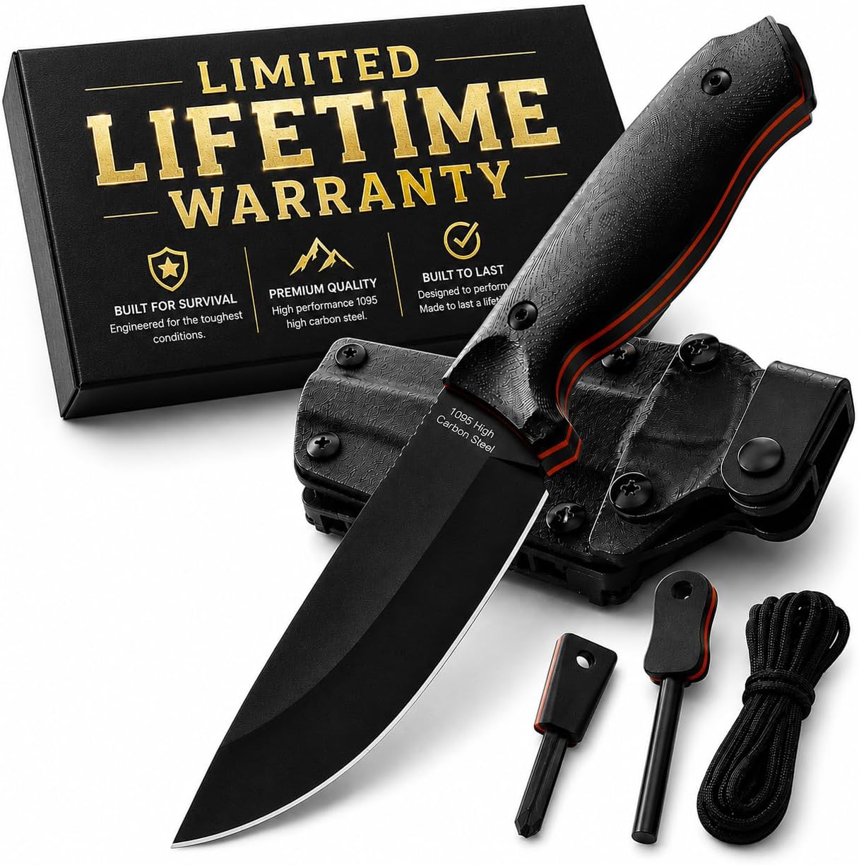 Bloodline Fixed Blade Survival Knife – Full Tang 1095 High Carbon Steel Bushcraft & Hunting Knife with G10 Handle, Kydex Sheath & Ferro Rod - Holtzman’s Gorilla Survival