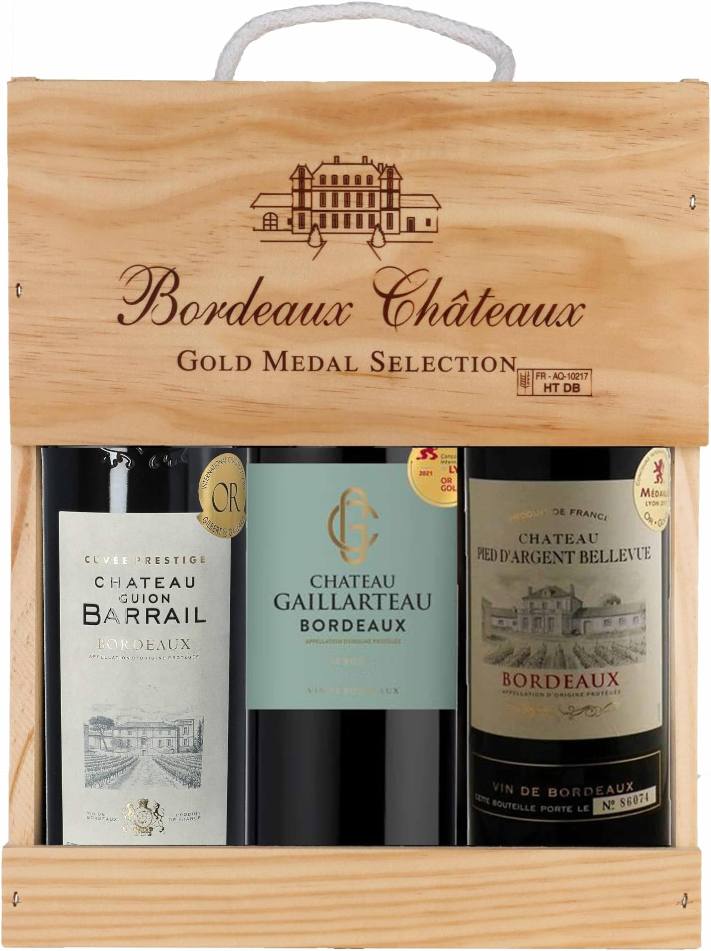 Selection Bordeaux - Gift box 3 Red Wines with gold medal in wooden case - Ideal to offer - Origin : Bordeaux, France (3 x 0.75 l)