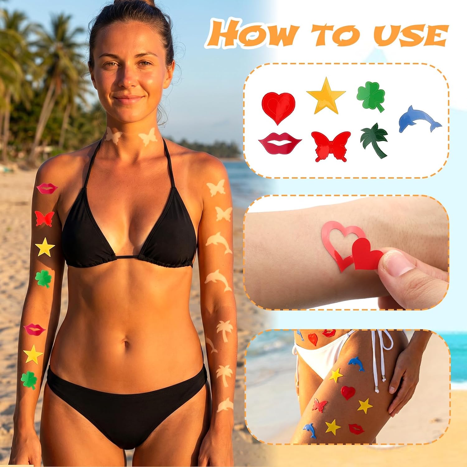 Tanning Stickers for Body - 105 Pcs Self Adhesive Removable Tanning Sunbathing Stickers, Heart Lips Butterfly Star Accessories Sticker for Women Summer Beach Face & Body(7 Styles)
